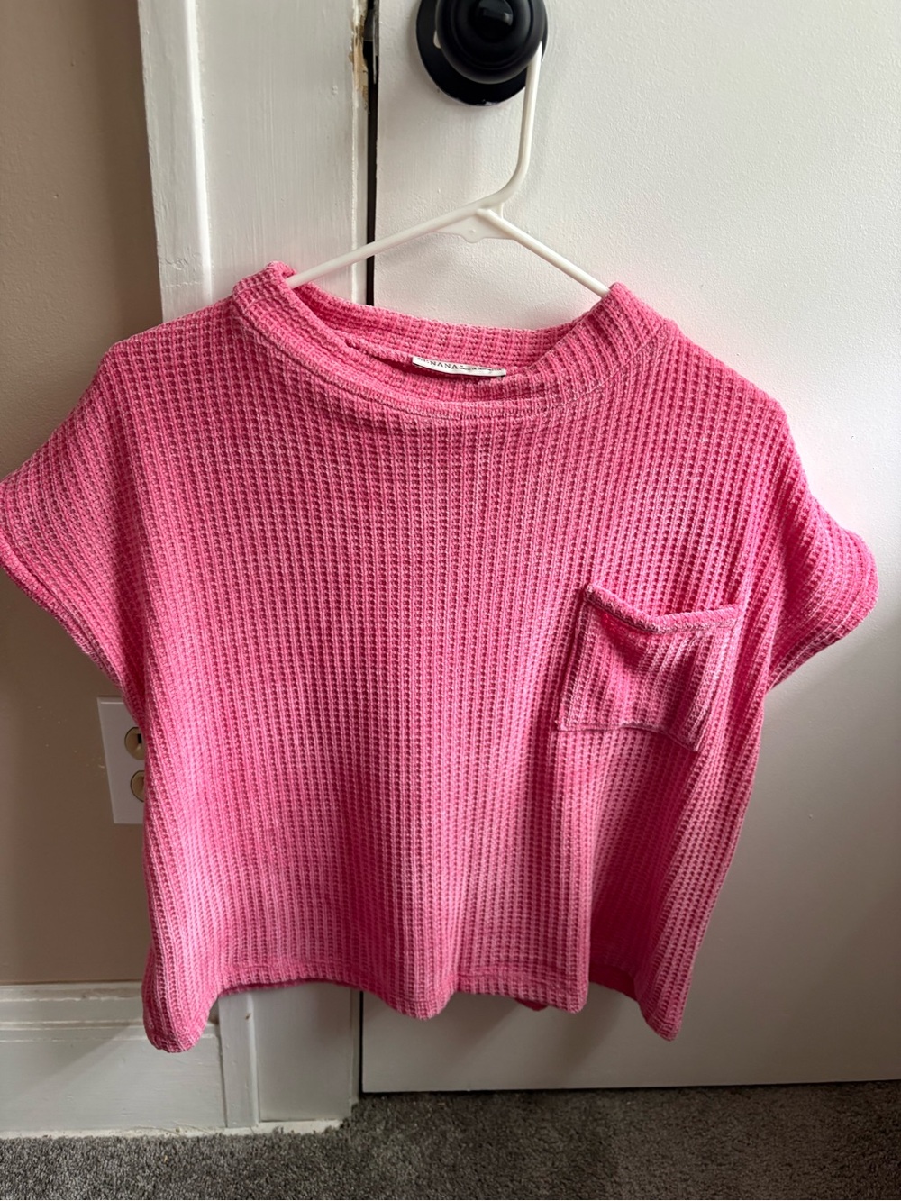 Zenana Outfitters Pink Waffle Knit Short Sleeve Pocket Tee